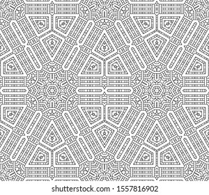 Thin line striped hexagon, triangle, rhombus seamless pattern. Linear geometric background. Wrapping paper. Vector illustration.      