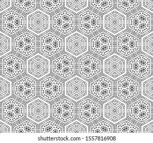 Thin line striped hexagon, triangle, rhombus seamless pattern. Linear geometric background. Wrapping paper. Vector illustration.      