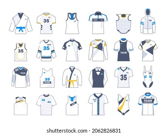 Thin Line Stroke Casual Sportswear Menswear Clothes Vector Icons Set: T-shirt, Tank top, Polo, Sweater, Sweatshirt, Cardigan, Leather Jacket, Bomber, Hoodie, Pea Coat