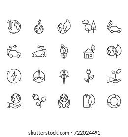 Thin line Stroke Editable Ecology icons set on white background