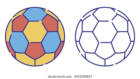 Icono de color de línea fina. Bola brillante para jugar al fútbol playa. Equipamiento deportivo clásico. Vector simple aislado sobre fondo blanco