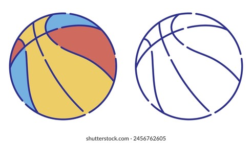 Thin line stroked color icon. Bright ball for basketball sport playing. Urban sports equipment. Simple vector isolated on white background