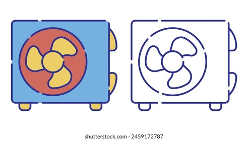 Icono de color de línea fina. Unidad de aire acondicionado con ventilador. Refrigeración y calefacción de las habitaciones. Mantener una temperatura confortable. Vector simple aislado sobre fondo blanco