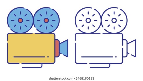 Icono de color de línea fina. Viejo camcorder. Filmando película sobre instrumento retro. Grabación de película. Vector simple aislado sobre fondo blanco