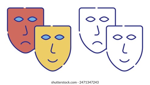 Thin line stroked color icon. Comedy and tragic theatrical masks together. Theatrical premieres, circus poster. Simple vector isolated on white background