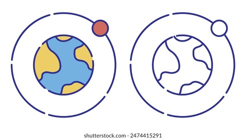 Thin line stroked color icon. Moon rotates in orbit around planet Earth. Satellite of planet. Simple vector isolated on white background