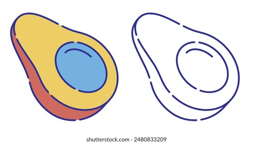 Thin line stroked color icon. Avocado fruit cut in half with seed in middle. Exotic avocado fruit. Simple vector isolated on white background