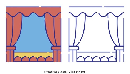 Thin line stroked color icon. Seats in auditorium at theater or concert. Theater stage with auditorium seating. Simple vector isolated on white background