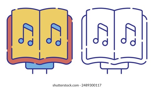 Thin line stroked color icon. Notebook with notes for holding with orchestra. Music teaching at music school. Simple vector isolated on white background