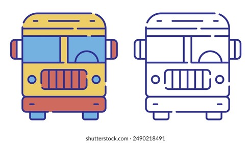 Thin line stroked color icon. American school bus. September 1 is Beginning of school year. Simple vector isolated on white background