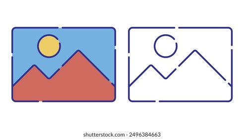 Thin line stroked color icon. Image of snapshot. Photos for memory from travel. World Photography Day. Simple vector isolated on white background