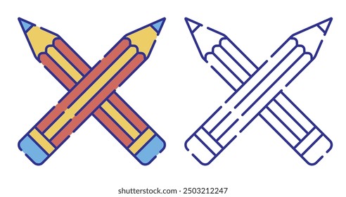 Thin line stroked color icon. Crossed school pencils. School stationery. Simple vector isolated on white background