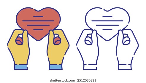 Thin line stroked color icon. Hands hold heart shaped greeting card for holiday on Valentine Day. Simple vector isolated on white background