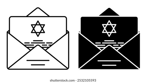 Thin line stroked color icon. Festive envelope with a Hanukkah greeting card inside. Greeting cards and letters. Simple vector isolated on white background