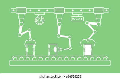 Thin line style assembly line. Automatic production conveyor. Robotic industry concept. Vector illustration.