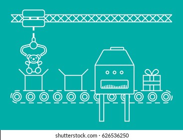 Thin line style assembly line. Automatic production conveyor. Robotic industry concept. Vector illustration.