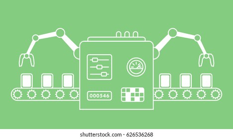 Thin line style assembly line. Automatic production conveyor. Robotic industry concept. Vector illustration.