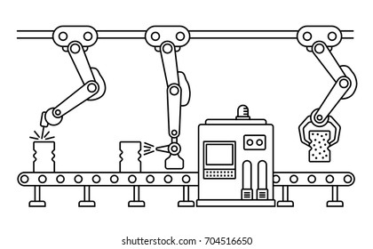 Thin Line Style Assembly Line. Automatic Production Conveyor. Robotic Industry Concept. Vector Illustration.