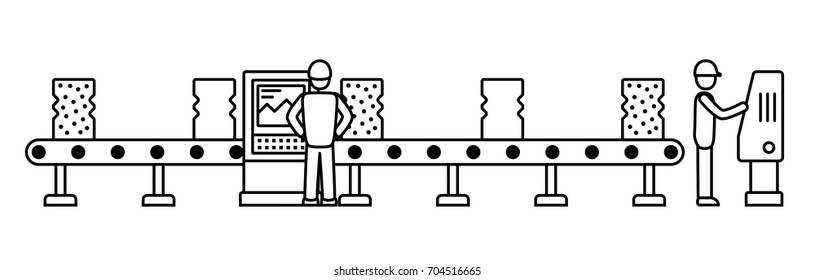Thin line style assembly line. Automatic production conveyor. Robotic industry concept. Vector illustration.