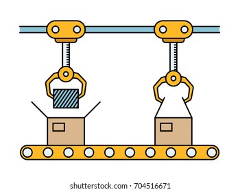 Thin line style assembly line. Automatic production conveyor. Robotic industry concept. Vector illustration.