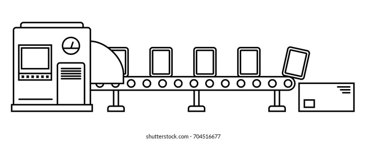 Thin line style assembly line. Automatic production conveyor. Robotic industry concept. Vector illustration.