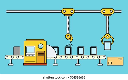 Thin line style assembly line. Automatic production conveyor. Robotic industry concept. Vector illustration.