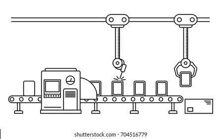 Thin Line Style Assembly Line. Automatic Production Conveyor. Robotic Industry Concept. Vector Illustration.