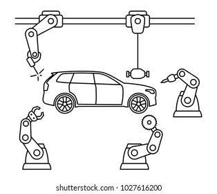 Thin line style car assembly line. Automatic auto production conveyor. Robotic car machinery industry concept. Vector illustration.