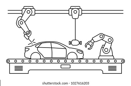 Thin Line Style Car Assembly Line. Automatic Auto Production Conveyor. Robotic Car Machinery Industry Concept. Vector Illustration.