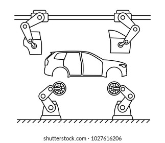 Thin line style car assembly line. Automatic auto production conveyor. Robotic car machinery industry concept. Vector illustration.