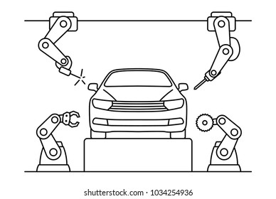 Thin line style car assembly line. Automatic auto production conveyor. Robotic car machinery industry concept. Vector illustration.