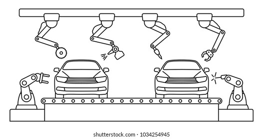 Thin line style car assembly line. Automatic auto production conveyor. Robotic car machinery industry concept. Vector illustration.