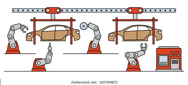 Thin line style car assembly line. Automatic auto production conveyor. Robotic car machinery industry concept. Vector illustration.