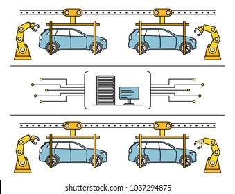 Thin line style car assembly line. Automatic auto production conveyor. Robotic car machinery industry concept. Vector illustration.