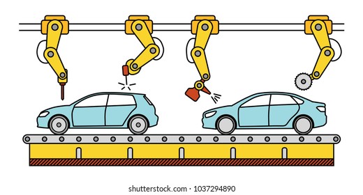 Thin Line Style Car Assembly Line. Automatic Auto Production Conveyor. Robotic Car Machinery Industry Concept. Vector Illustration.