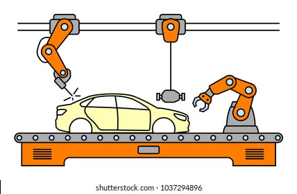 Thin line style car assembly line. Automatic auto production conveyor. Robotic car machinery industry concept. Vector illustration.