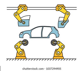 Thin line style car assembly line. Automatic auto production conveyor. Robotic car machinery industry concept. Vector illustration.