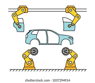 Thin Line Style Car Assembly Line. Automatic Auto Production Conveyor. Robotic Car Machinery Industry Concept. Vector Illustration.