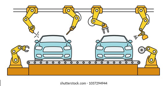 Thin line style car assembly line. Automatic auto production conveyor. Robotic car machinery industry concept. Vector illustration.
