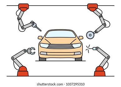 Thin line style car assembly line. Automatic auto production conveyor. Robotic car machinery industry concept. Vector illustration.