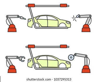 Thin line style car assembly line. Automatic auto production conveyor. Robotic car machinery industry concept. Vector illustration.