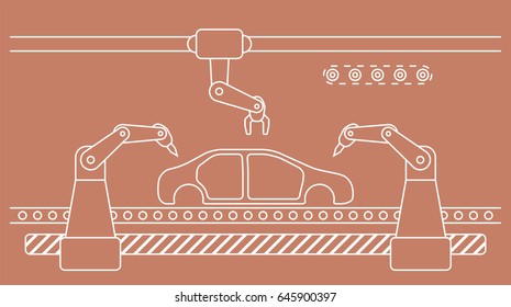 Thin line style car assembly line. Automatic auto production conveyor. Robotic car industry concept. Vector illustration.