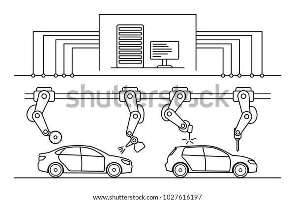 Thin line style car assembly line.
Automatic auto production conveyor. Robotic car machinery industry
concept. Vector
illustration.