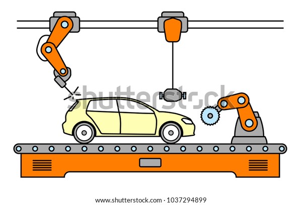 Thin line style car assembly line.\
Automatic auto production conveyor. Robotic car machinery industry\
concept. Vector\
illustration.