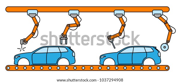 Thin line style car assembly line.\
Automatic auto production conveyor. Robotic car machinery industry\
concept. Vector\
illustration.