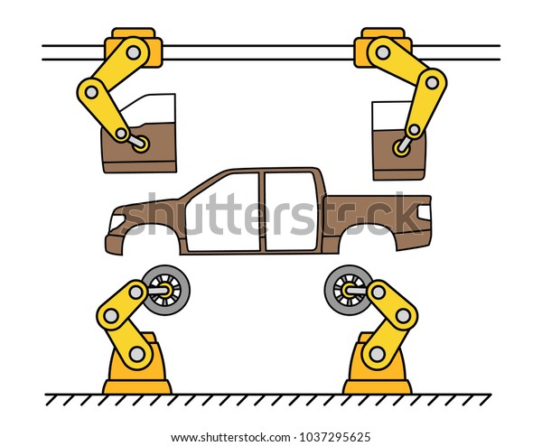 Thin line style car assembly line.
Automatic auto production conveyor. Robotic car machinery industry
concept. Vector
illustration.