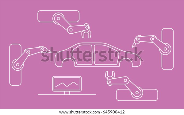 Thin
line style car assembly line. Automatic auto production conveyor.
Robotic car industry concept. Vector
illustration.