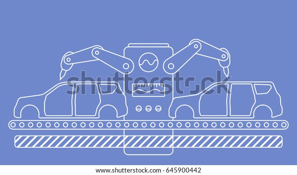 Thin\
line style car assembly line. Automatic auto production conveyor.\
Robotic car industry concept. Vector\
illustration.