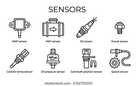 Thin line style car sensor icons featuring map maf oxygen knock oil pressure and camshaft position measurement tools