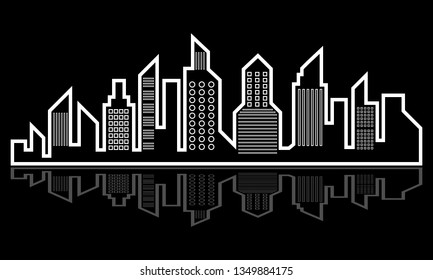 Thin line style city panorama. Illustration of urban landscape street with cars, skyline city office buildings, on light background. Outline cityscape. Wide horizontal panorama. Vector illustration